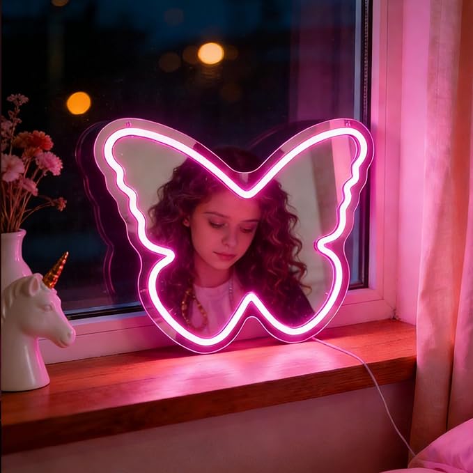 Butterfly Neon Sign with Mirror Backing - Dimmable LED Mirror Wall Decor for Girl's Bedroom, 16x12 Inch Glowing Pink Butterfly Vanity Mirror with Lights, USB Powered Kids Room Gift