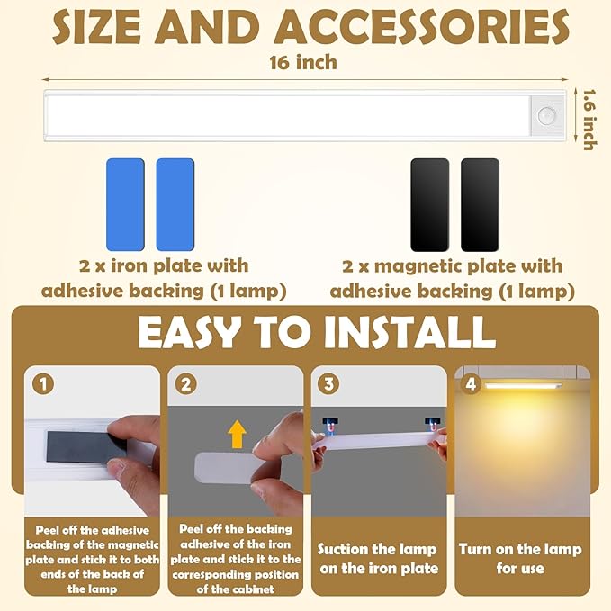 16 inch Under Cabinet Lighting, 80 LED Motion Sensor Closet Light, 1500mAh Rechargeable Battery Dimmable 3 Color Temperature Magnetic Wireless for Kitchen, Shelf, Stairs, Wardrobe, 6 Pack