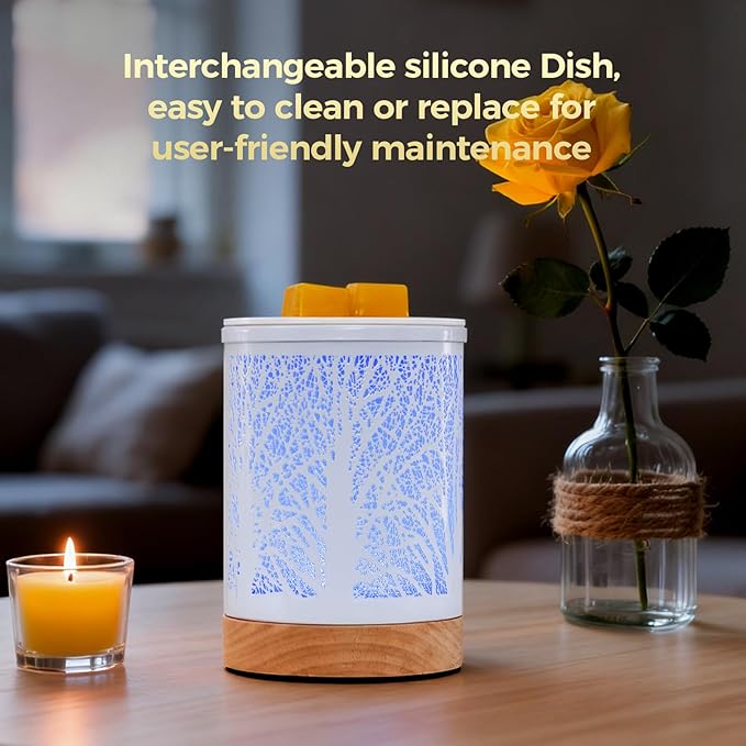 Fragrance Wax Melts Warmer with 7 Colors LED Changing Light Scent Oil Candle Warmer for Home Office-White Wooden Tree