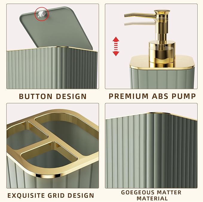 XLHOMO 26PC Bathroom Accessories Set - Gorgeous Sage Green Bathroom Set, Bathroom Accessory Set, Shower Curtain Set with Bathtub Mats for Shower Tub, Trash Can & Soap Dispenser