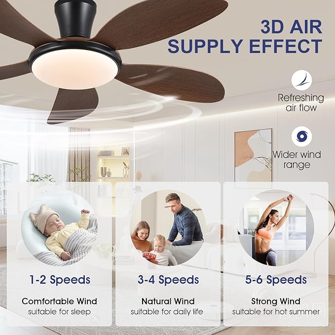 PHORUS Low Profile Ceiling Fans with Lights and Remote/APP,48 Inch Modern LED Ceiling Fans with Quiet Reversible DC Motor, Dimmable 3 Colors 6 Speeds