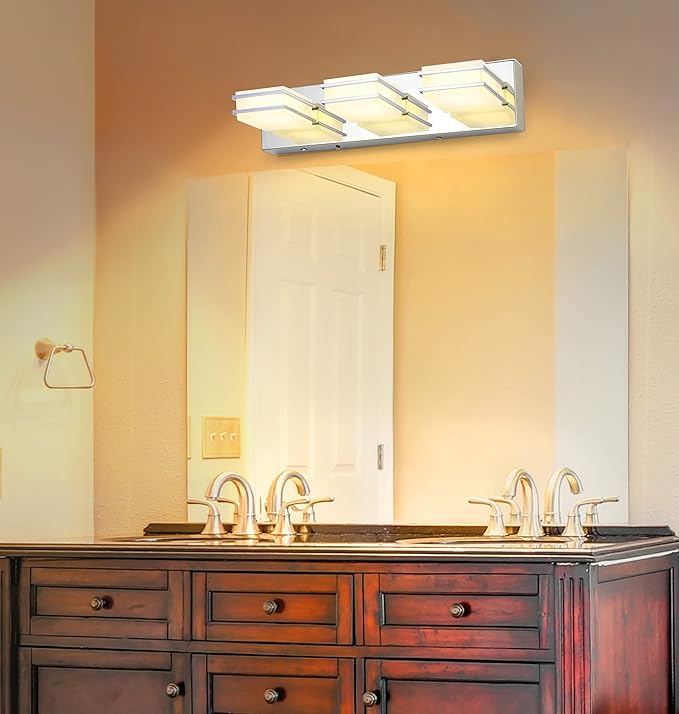 3 Color Temperature Dimmable Bathroom Light Fixtures over Mirror, LED Chrome 3 Light Vanity Lighting Fixtures, Acrylic Stainless Steel Square Shade Vanity Lights for Bathroom, ETL Certificated