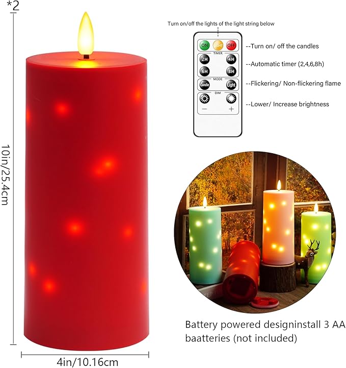10" x 4" Large Outdoor Waterproof Flickering Flameless Candles with Timer,2Pcs Battery Operated LED Pillar Candles with Embedded Star String for Outdoor Lanterns,Porch,Patio Decor(red)