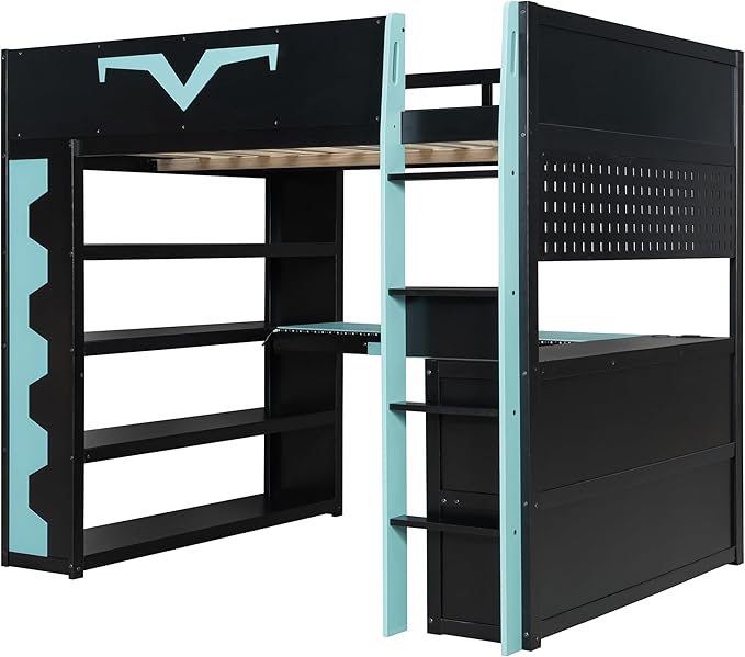 Full Size Gaming Loft Bed with Integrated Desk & RGB LED Lights,Bunk Bed with Power Outlet, Large Bookshelf, Pegboard, Keyboard Tray & Drawer (Blue-Bo, Full)