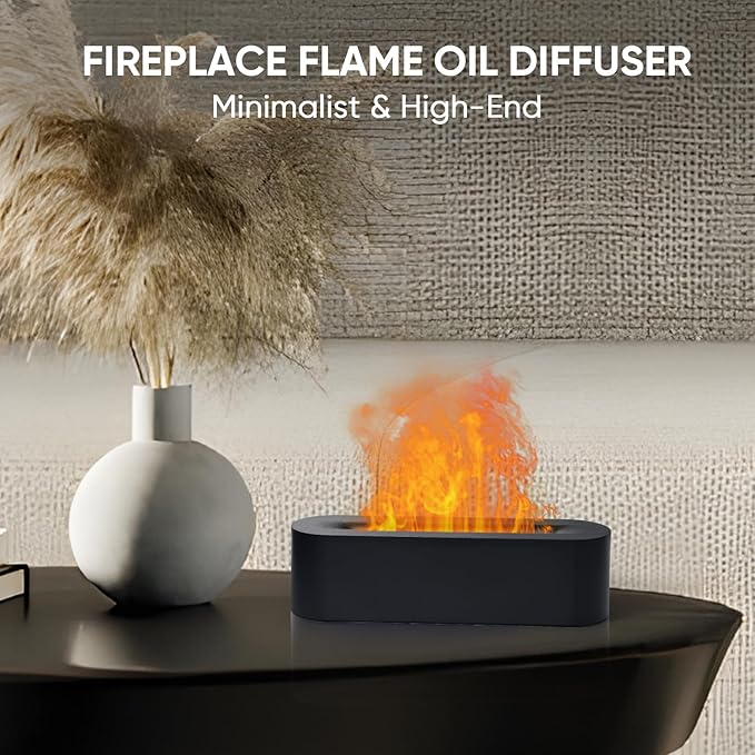 Essential Oil Diffuser, Fireplace Flame Fire Oil Diffuser, 150ml Ultrasonic Cool Mist Aromatherapy Humidifier, Scent Aroma Diffuser with 7 Colors Light, Timer & Auto-Off for Home, Room (Black)