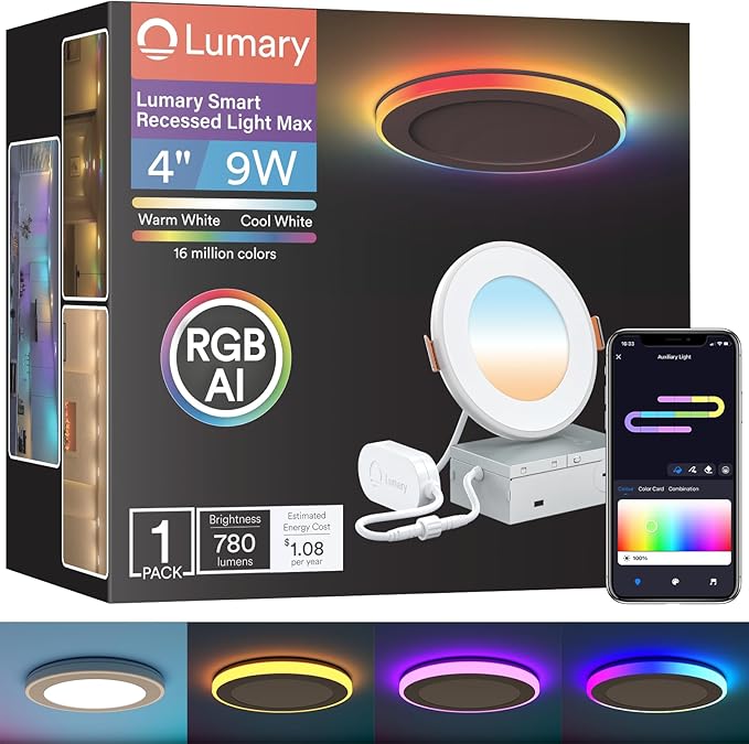 Lumary RGBAI Smart Recessed Lighting 4 Inch with Gradient Accent and Night Ring, 9W 780LM WiFi Canless Wafer Downlight with Junction Box, LED Downlight Work with Alexa/Google Assistant/Siri, 1PCS