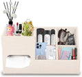 Plus Size Tissue Box Cover-Square Linen Tissue Cover with Side Storage and Tray,Modern Makeup Organizer,Leather Tissue Holder Decorative Cube Organizer for Living Room Vanity NightStand Office,Beige