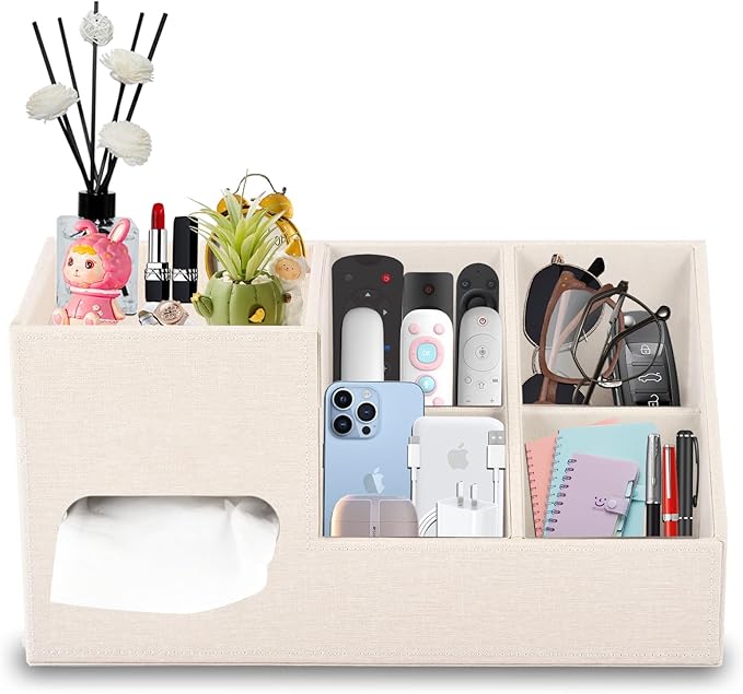 Plus Size Tissue Box Cover-Square Linen Tissue Cover with Side Storage and Tray,Modern Makeup Organizer,Leather Tissue Holder Decorative Cube Organizer for Living Room Vanity NightStand Office,Beige