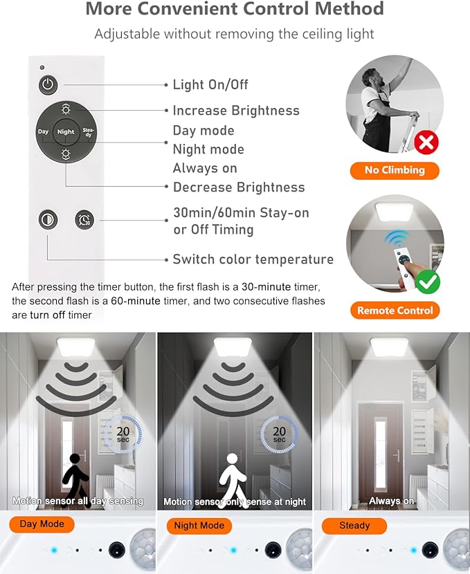 Rechargeable Motion Sensor Ceiling Light with Remote, Dimmable Magnetic Mount Closet Light, 7000mAh Battery Operated LED Shower Light, 3 Color Temperatures for Bathroom, Stairs, Hallway, Garage,Pantry