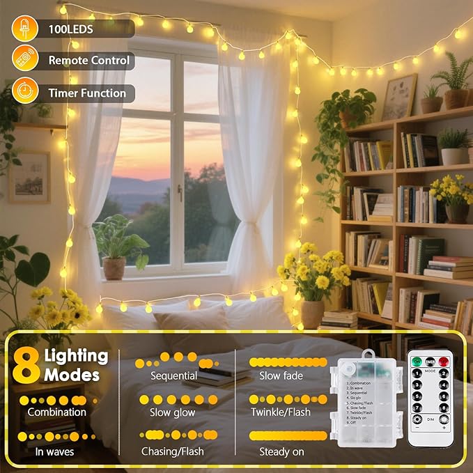 2 Pack Battery Operated String Lights Indoor Outdoor - 45FT 100 LED Fairy Lights with Remote, Waterproof Globe Light 8 Modes with Timer for Bedroom Classroom Dorm Girl's Room Decorations, Warm White