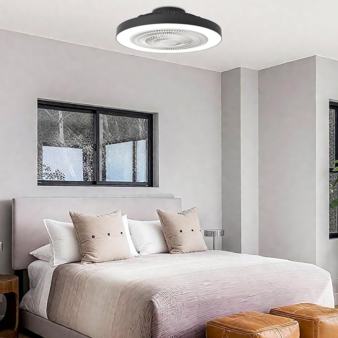 Depuley Modern Ceiling Fan with Light: 19" Flush Mount Low Profile LED Ceiling Fans with Remote & Smart APP Control - Black Bladeless Fandelier Dimmable Quiet DC Motor for Bedroom Kids Room 6 Speeds