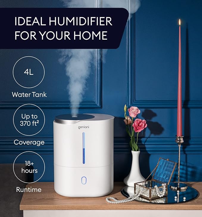 GENIANI Cool Mist Air Humidifiers for Bedroom, Plants, and Large Rooms - Quiet Humidifiers for Baby Room with Auto Shut Off & Night Light (3.9L, White)