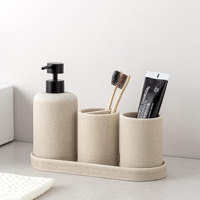Bathroom Accessories Set, 6 PCS Modern Bathroom Accessory Set with 13.5 OZ Soap Dispenser, Toothbrush Holder, Vanity Tray, Tumbler, 2 PCS Qtip Holders (Beige 4PCS)