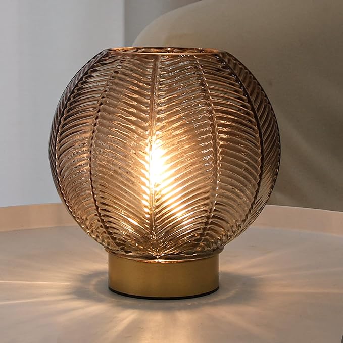Battery Operated Lamp with Timer, Cordless Amber Glass Table Lamp, Battery Powered Small Lamps Decorative for Living Room Bedside Shelf Corner -Amber