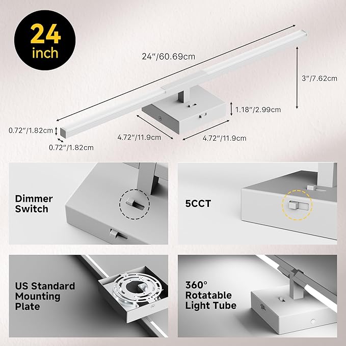 Vanity Lights 24 inch, 4-Level Brightness Built-in Dimmer, 14W Dimmable 5CCT Bathroom Light Fixtures Over Mirror, Baked Matte Grey Vanity Lights for Bathroom Mirror Cabinets Bedroom-FCC & ETL