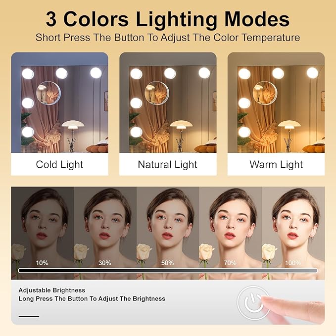 Hasipu Hollywood Vanity Mirror with Lights, 32" x 22" Makeup Mirror with 15 Dimmable LED Bulbs 3 Color Modes & Detachable, 5X Magnifying Glass, Touch Control, USB and Type-C, Tempered Glass