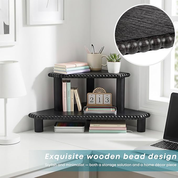 2-Tier Rustic Corner Shelf for Kitchen Counter,Wood Beaded Farmhouse Countertop Organizer with Removable Feet, Stackable Bathroom Vanity & Coffee Bar Decorative Riser Stand(Rustic Black)