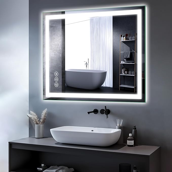 Led Bathroom Mirror with Light 40"x32" Frameless Lighted Vanity Mirror Wall Mount, Fogless, 3 Color Mode, Stepless Dimmable Front Light and Backlit, Smart Touch Sensor, Tempered Glass