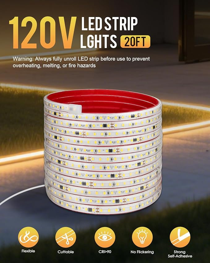 Aclorol Outdoor LED Strip Lights Waterproof 20FT Warm White 120V LED Light Strip with 3.28FT ON/Off Switch Power Cable SMD 2835 Ultra Bright for Bedroom Closet Hallway Roof Patio Pergola 8mm Width