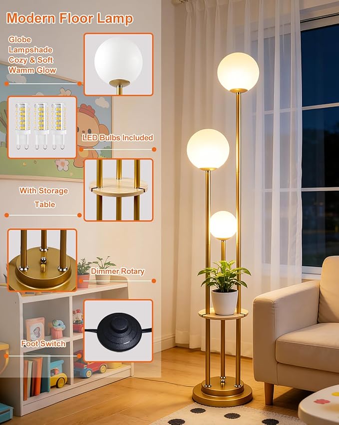 Lightdot Gold Floor Lamp 3-Lights Dimmable Floor Lamps with Tray 3000K Bulbs Included Unique Modern Tall Standing Lamp for Living Room/Bedroom/Sofa Beside/Corner Decor