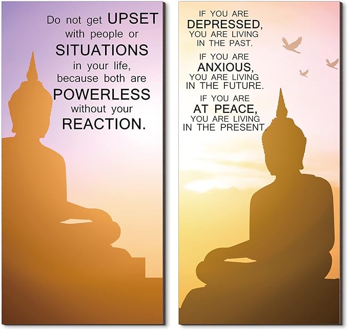 Blulu 2 Pcs Buddha Quote Decor Buddha Inspirational Quote Wall Art Meditation Room Chakra Decor Zen Wooden Hanging, Spiritual Gift for Home Yoga Living Room Women(at Peace)