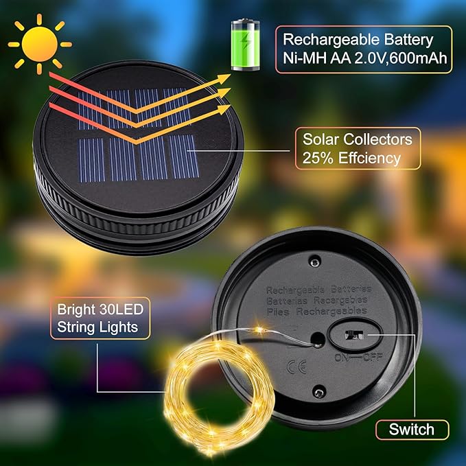 6 Pack Solar Light Replacement Top, Replacement Solar Light Parts for Mason Jar Lantern,Outdoor Decorative Waterproof Table Fairy Lights for Patio Yard Lawn Tree