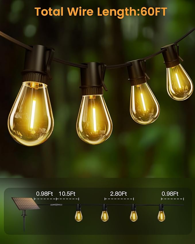 Torkase 60FT Solar Outdoor String Lights, 18+1 Shatterproof LED Bulbs, Waterproof, USB Rechargeable, 2200K Warm White, Energy-Saving Hanging Patio Lights for Garden, Porch, Bistro, Deck, Camping