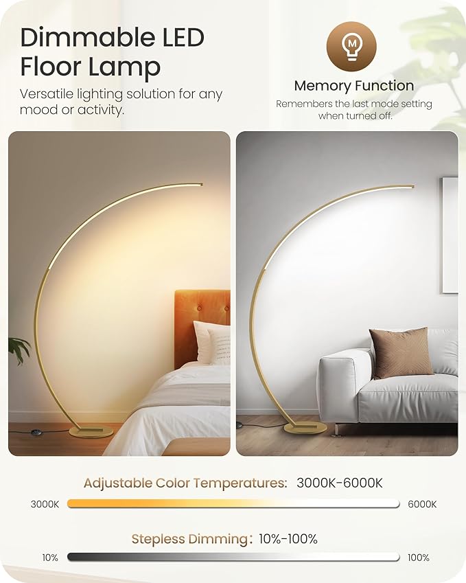 75 inch Dimmable LED Arc Floor Lamp for Living Room with Foot and Remote Control, 3 Color Temperatures, 3000K-6000K Whites, Stepless Dimming,Gold D62LD05