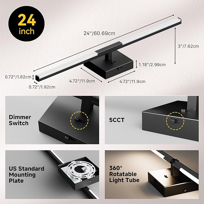 Vanity Lights 24 inch, 4-Level Brightness Built-in Dimmer, 14W Dimmable 5CCT Bathroom Light Fixtures Over Mirror, Black Vanity Lights for Bathroom Mirror Cabinets Bedroom-FCC & ETL Certified