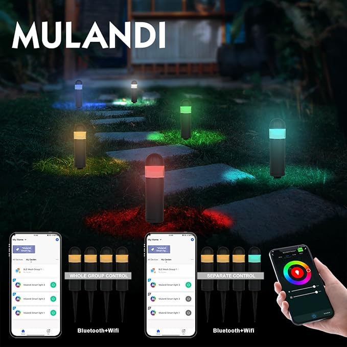 Smart WiFi/BLE LED Pathway Lights (4 Pack) - APP Controlled Color Changing Low Voltage Outdoor Landscape Lighting, Music Sync, 12V Die-Cast Aluminum Bollard Lights for Garden