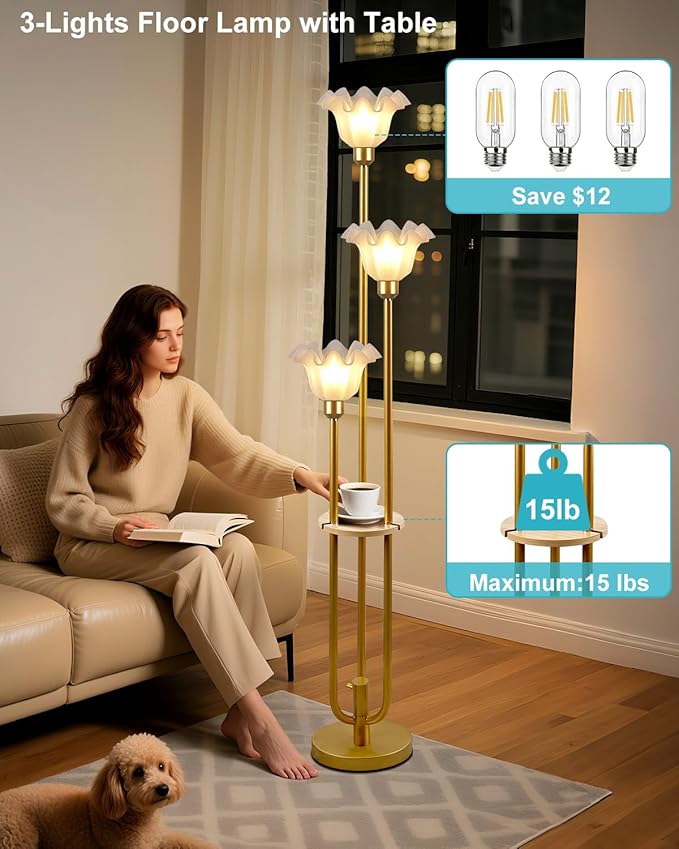 Lightdot Flower Floor Lamp for Living Room, Dimmable Vintage Floor Lamp with Shelf &Bulbs Included, 3 Light 3000K Gold Mid Century Standing Lamp, Floral Tall Lamp for Bedroom/Sofa Beside/Corner Decor