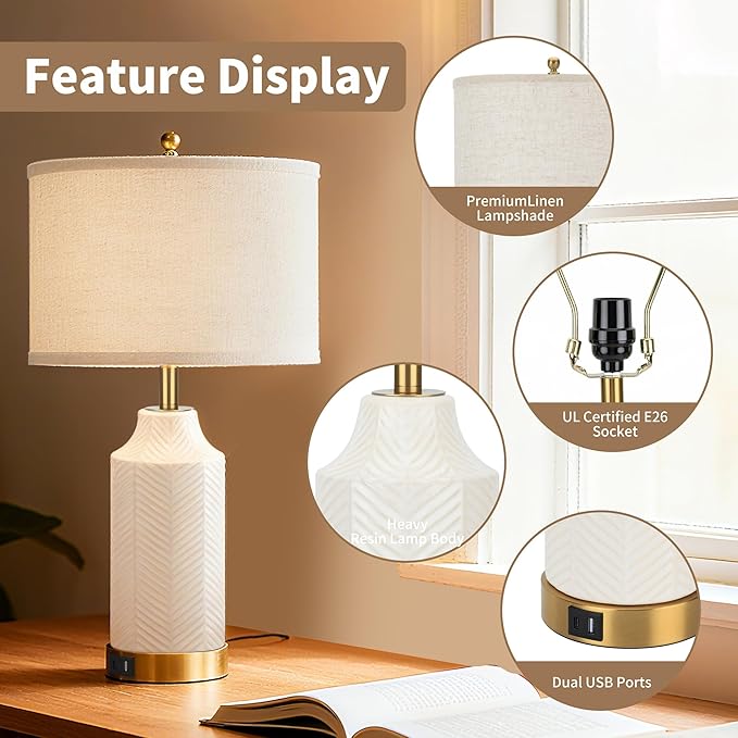 22" Touch Table Lamps Set of 2 with USB A+C Ports for Living Room, Dimmable Nightstand Ceramic Lamps with Linen Shade, Modern Bedside Lamp for Bedroom Home Decor, No Bulbs (2, White and Beige)