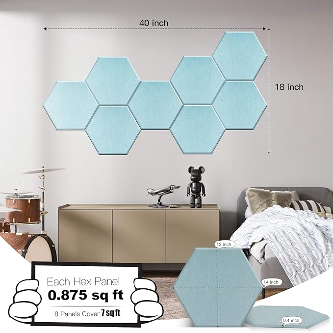 Mollywell Hexagon Acoustic Panels 14x12 - Reduce Echo & Reverb, Noise Blocking Wall Tiles for Studio & Home Office, Smoke Green Sound Absorbing Panels