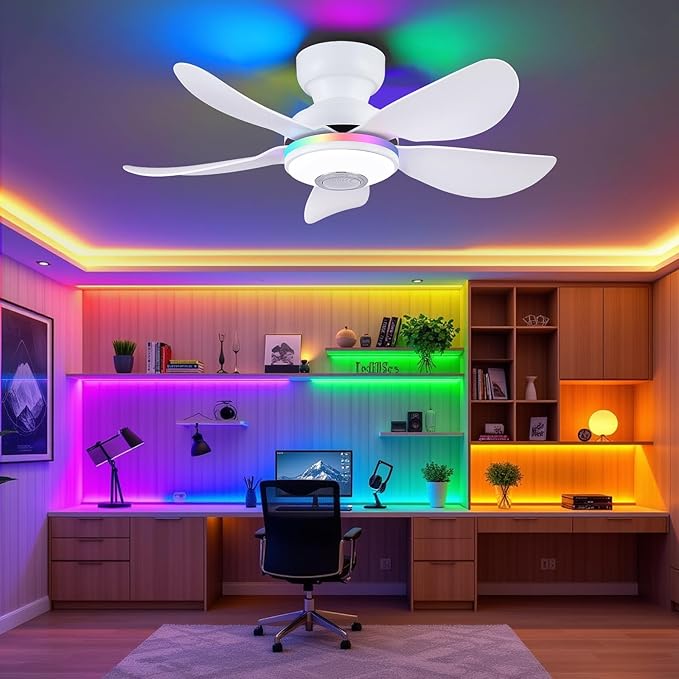 36 Inch White Ceiling Fan with Light, 5 Blades Flush Mount Fan with RGB & 3 CCT Dimmable Light, APP & Remote Control, Built-in Speaker, Reversible, 6 Speeds for Bedroom Living Room