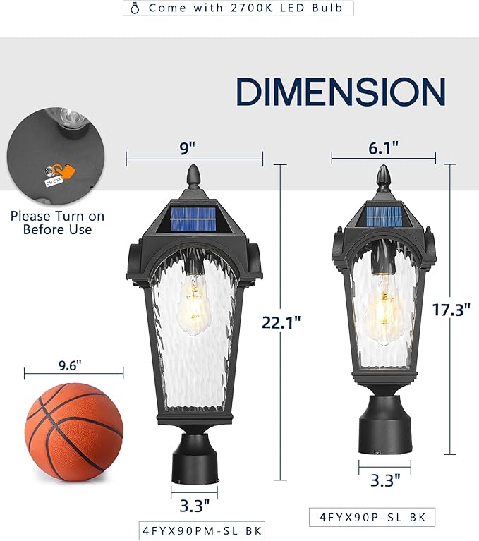 FEMILA Solar Post Lights Outdoor, 17.3" Dusk to Dawn Outdoor Post Lights Aluminum Glass Solar Post Light for Garden Patio Driveway, 4FYX90P-SL BK