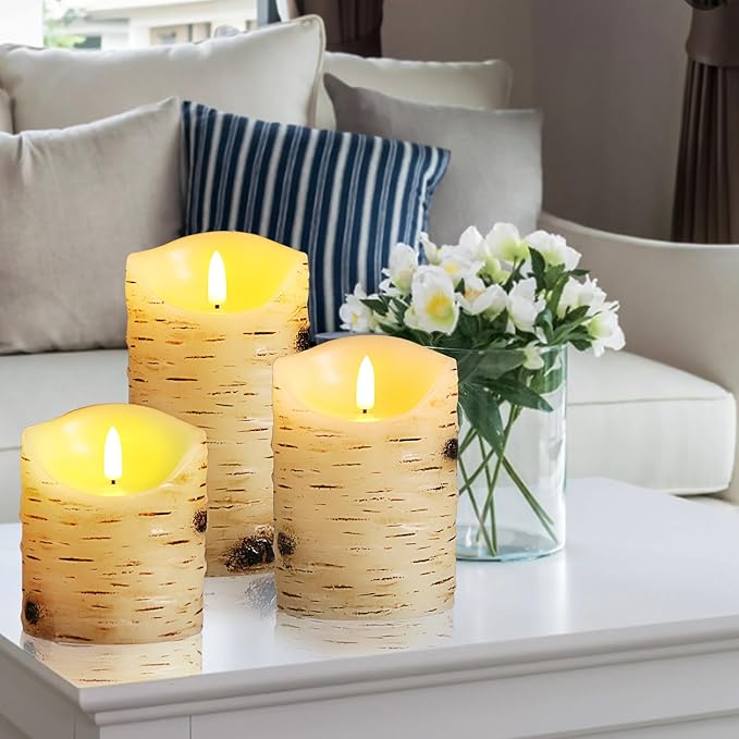 qinxiang Flameless Candles LED Candles Birch Bark Set of 3 (D 3.25" x H 4" 5" 6") Ivory Real Wax Pillar Battery Operated Candles with LED Flame 10-Key Remote Control and Cycling 24 Hours Timer