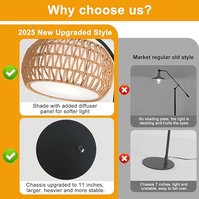 Boho Rattan Floor Lamp with Shade – 12W Bright Dimmable LED Bulb, Remote Control 3 Color Temperatures, Modern Farmhouse Handwoven Arc Standing Light for Living Room Bedroom