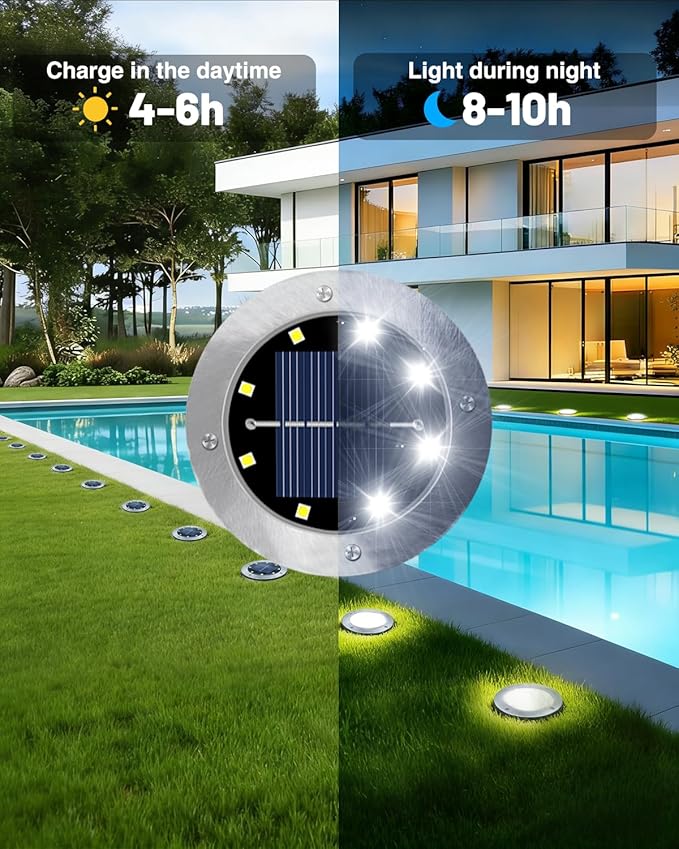 4.6 Inch Solar Ground Lights 12 Pack, Solar Lights Outdoor Waterproof, Solar Garden Lights Outdoor Landscape Lighting for Pathway Walkway Patio Yard Driveway, Cool White