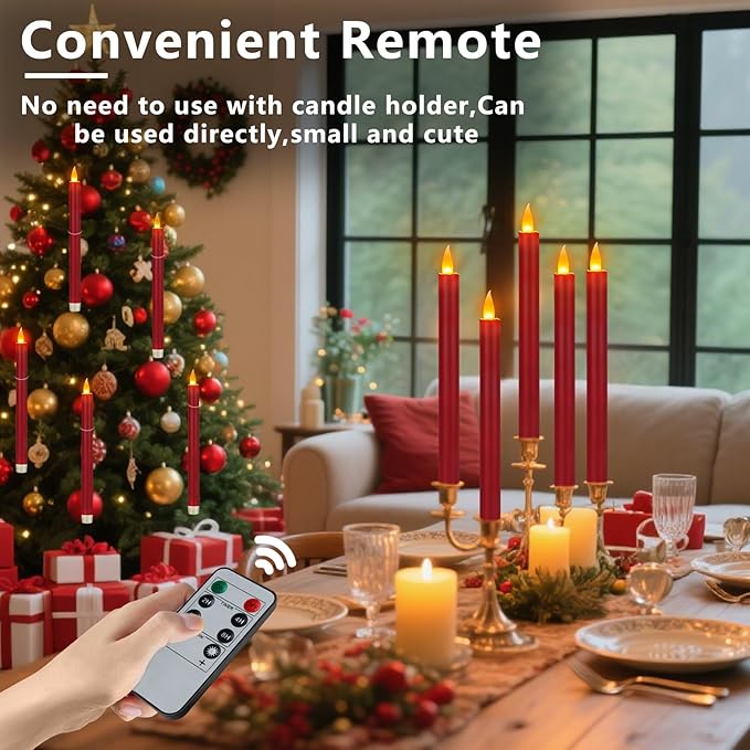 Flameless Taper Candles 10" Dripless Battery Operated Taper Candles Included Remote Timer 400+ Hours by 2AA Batteries for Halloween Christmas Wedding (Burgundy, 6 Pack)