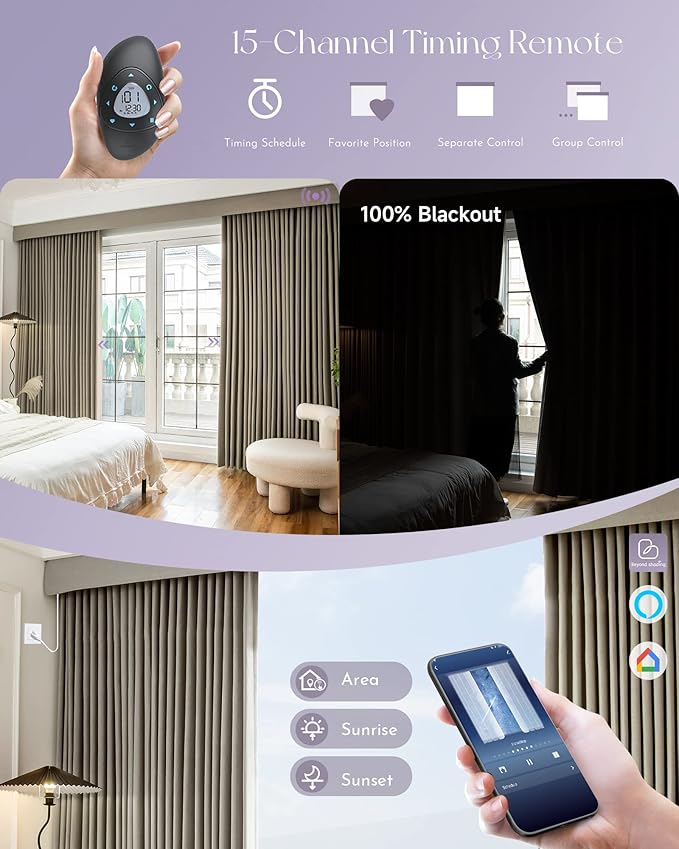 Graywind Hardwired Smart Curtains Motorized Blackout Curtain with Remote Alexa Google Control for Sliding Door Thermal Insulated Drapes One-Way or Split Draw, Custom Width to 220" (Mocha Beige)