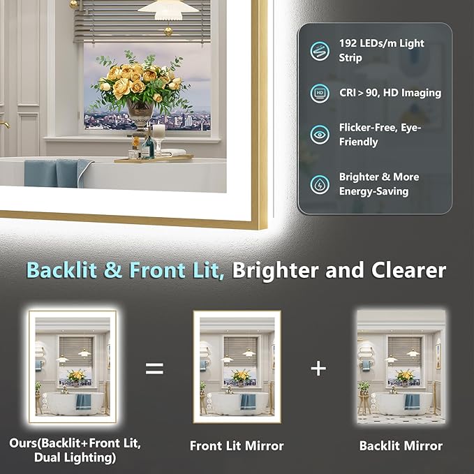 32x36 Gold LED Bathroom Mirror with Lights, Brushed Gold Framed Backlit and Front Lit Anti-Fog Lighted Vanity Mirrors for Bathroom Wall, Dimmable, 3 Colors, Memory, HD Tempered Glass, CRI＞90