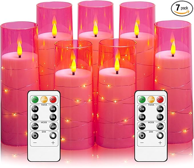 Flameless Candles with Embedded Star String, Battery Operated LED Pillar Candles with Timer and Remote Control,Home Decorating for Ambiance， Set of 7 (Pink)