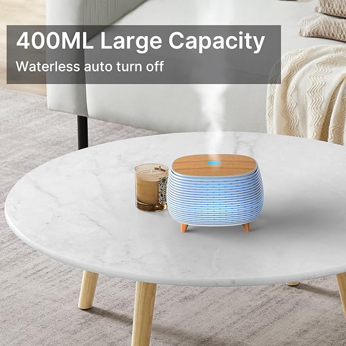 Essential Oil Diffuser, 400ml Aromatherapy Diffuser, Ultrasonic Diffusers for Essential Oils, Cool Mist Humidifier with 7 LED Color Changing Light and Auto-Off Safety, for Office Home