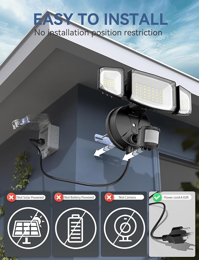 Olafus 50W Motion Sensor Outdoor Light Plug in, Motion Flood Light Dusk to Dawn, 5000LM LED Security Light IP65 Waterproof, Motion Activated 6500K PIR Sensor Lighting for Garage Yard Patio Eave, Black