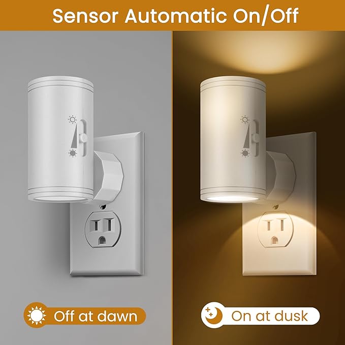 4 Pack LED Plug-in Wall Night Light with Dimmable 0-300 Lumens, 2700K Warm White, Auto On/Off Light Sensor & Adjustable Head for Hallway, Stairs, Bedroom