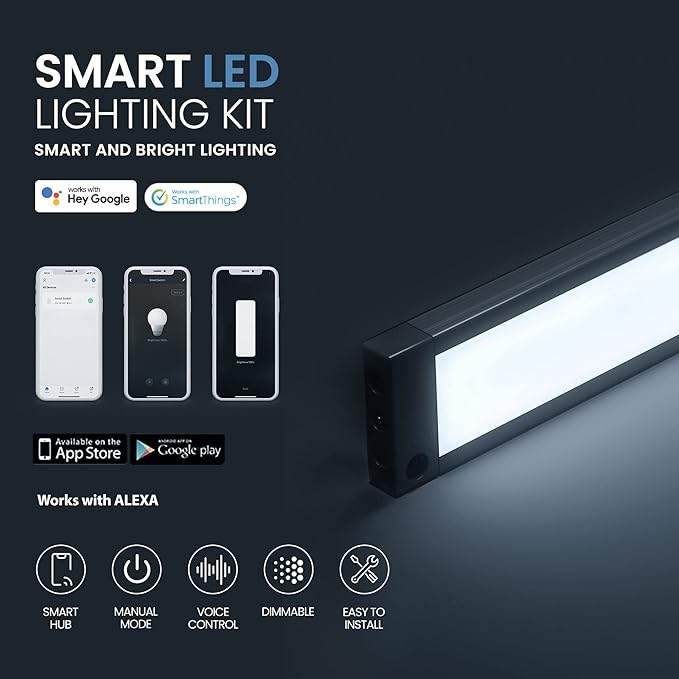 EShine 6 Pack 12 inch Black Smart Dimmable LED Under Cabinet Lighting Kit Compatible with Alexa, Google - Cool White (6000K)