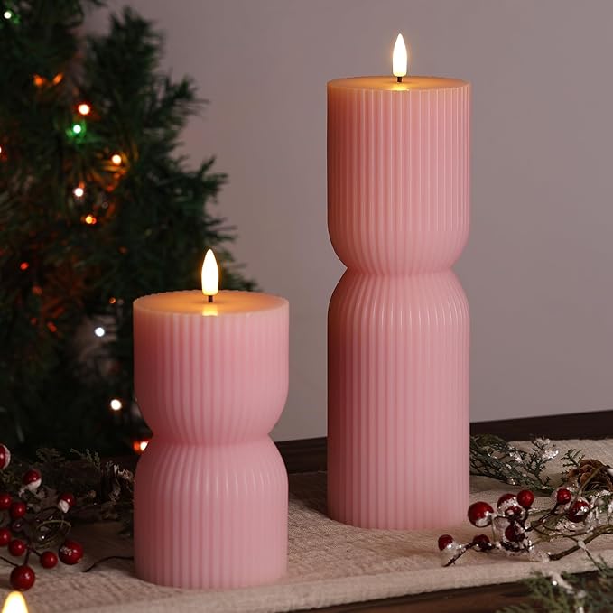 Pink Ribbed Flameless Pillar Candles with Remote, Flickering LED Candles Battery Operated Real Wax Set of 2