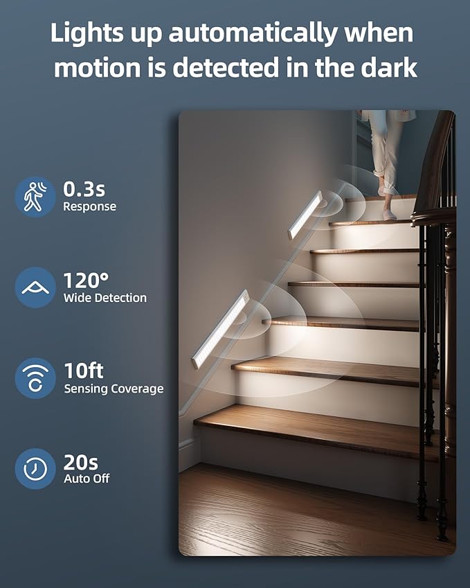 14.5inch Under Cabinet Lights, Wireless Closet Light, Motion Sensor, 3500mAh Rechargeable Battery, Magnetic, 3 Color Temps, 5 Levels Dimmable, Under Counter Lights for Kitchen (2 Pack)