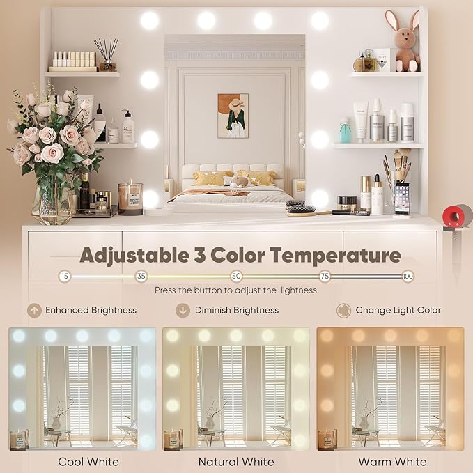 DUMOS Vanity Desk Makeup with Mirror LED Lights, White Table with Power Outlet 3 Drawer, 4 Storage Shelves & 2 Cabinets, 3 Lighting Modes & Adjustable Brightness, Dressing Tables for Bedroom