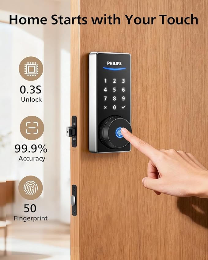 Philips Built-in WiFi Smart Lock, Keyless Entry Door Lock with App, Touchscreen Fingerprint Door Lock, Compatible with Alexa & Google, Splash-Proof, Includes 8 Batteries, Nickel